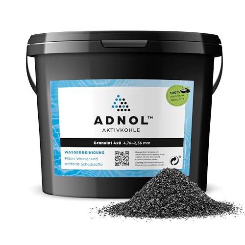 ADNOL® Aktivkohle Granulat 20 Liter aus Kokosnussschalen für Wasserfilter für Aquarium und Teich, Mesh 4x8, Körnung 4,76-2,36mm, Energieklasse A, als Carbon Filter verwendbar von ADNOL