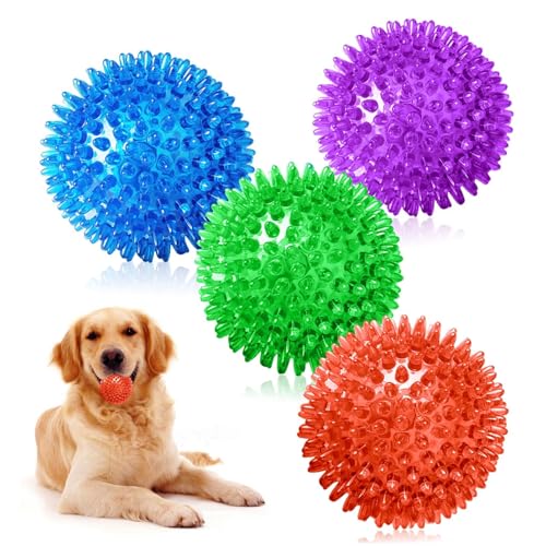 ADNOX 4 Stück Quietschende Hundeball Spielzeug, Unzerstörbare Kauen Spiky Bälle für Welpen Kleine Mittlere Hunde Saubere Zähne Und Training Schwimmfähig Pool Spielzeug Werfen Apportieren Gummibälle von ADNOX