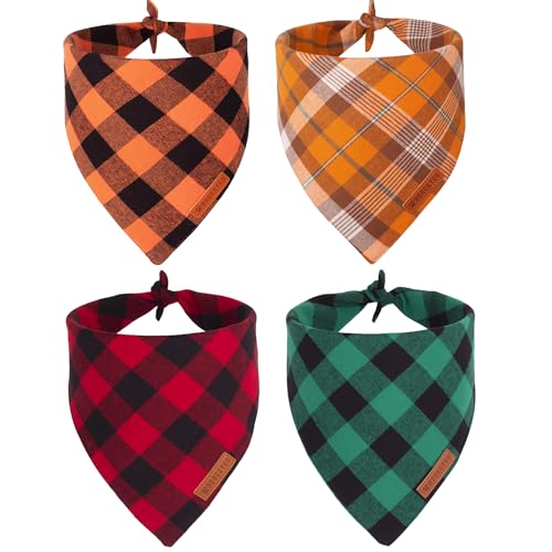 ADOGGYGO 4 Stück karierte Hundehalstücher Weihnachten Rot Grün Orange Plaid Hundeschal Plaid Bandanas für kleine, mittelgroße und große Hunde (Rot & Grün & Orange) von ADOGGYGO