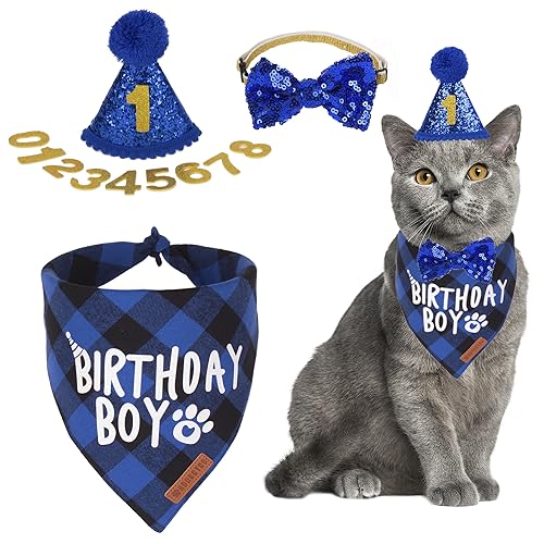 ADOGGYGO Katzengeburtstagsparty-Zubehör, Geburtstags-Junge, kariertes Katzen-Bandana, niedliche Katzen-Fliege, Katzen-Geburtstagshut mit Zahlen, Haustier-Geburtstags-Outfit für Katze, Kätzchen (blau) von ADOGGYGO