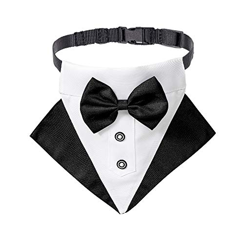 ADOGGYGO Formale Dog Smoking Hochzeit Hund Bandana Halsband Hundehalsband mit Fliege verstellbar Hund Fliege Halsband Bandana für kleine, mittelgroße und große Hunde Haustier (S, Schwarz und Weiß) von ADOGGYGO