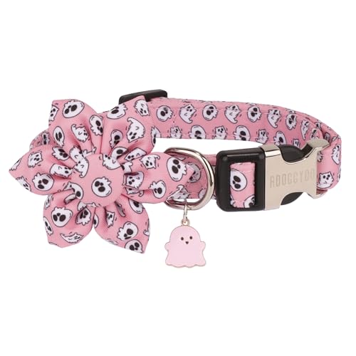 ADOGGYGO Halloween-Hundehalsband mit Blumen, rosa Geister-Hundehalsbänder mit abnehmbarer Blume, verstellbare rosa Halloween-Halsbänder für kleine, mittelgroße und große Hunde, Haustiere (groß, von ADOGGYGO