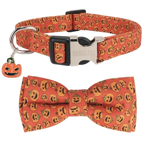 ADOGGYGO Halloween-Hundehalsband mit abnehmbarer Schleife, orangefarbener Kürbis, Halloween-Fliege, verstellbares Haustier-Halloween-Halsband für kleine, mittelgroße und große Hunde (Größe M) von ADOGGYGO