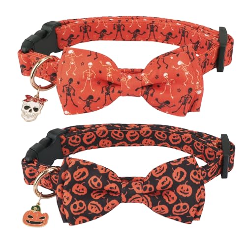 ADOGGYGO Halloween-Hundehalsband mit Fliege, verstellbares Kürbis-Skelett-Hundehalsband, schwarz-orange, Halloween-Halsbänder für kleine, mittelgroße und große Hunde, Haustiere (klein, Halloween) von ADOGGYGO