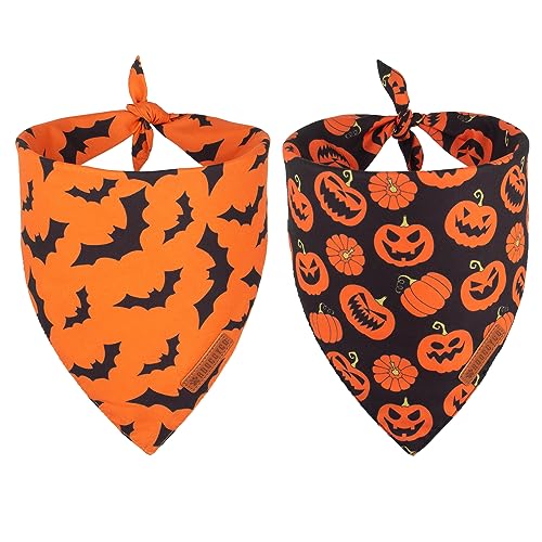 ADOGGYGO Halloween Hundehalstuch, Kürbis Fledermaus Design Hundeschal, Premium Strapazierfähiger Stoff, Orange Schwarz Hund Halloween Halstücher für kleine Hunde Katzen Welpen (klein, Halloween) von ADOGGYGO