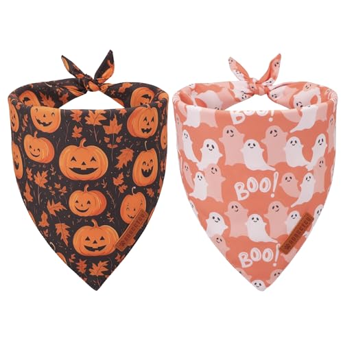 ADOGGYGO Halloween-Hundehalstuch, Kürbis-Geist, Halloween-Haustier-Schal, orange-schwarz, Hunde-Halloween-Halstücher für kleine Hunde, Welpen (klein, Halloween) von ADOGGYGO