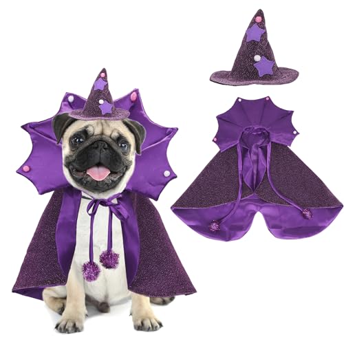 ADOGGYGO Halloween-Hundekostüm, Zauberer-Kostüm, Halloween-Umhang, Hut-Set, violett, Halloween-Kostüme für kleine und mittelgroße Hunde (Größe M, Violett) von ADOGGYGO