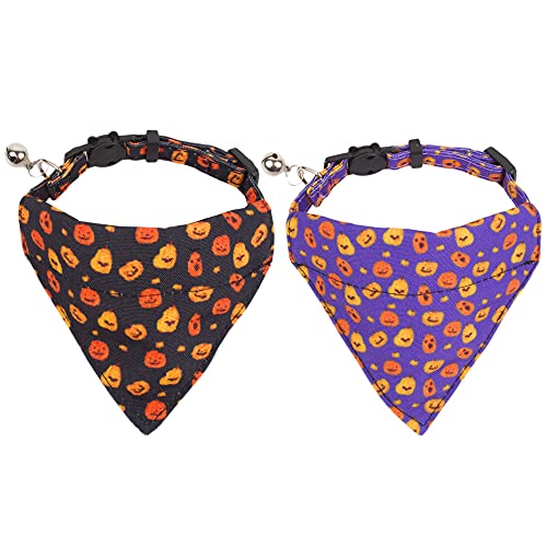 ADOGGYGO Halloween-Katzenhalsbänder mit Glöckchen, 2 Stück, verstellbares Katzenhalsband mit abnehmbarem Bandana, Kürbismuster, Katzen-Bandana, Halsband für Kätzchen, Katzen (Halloween-2) von ADOGGYGO