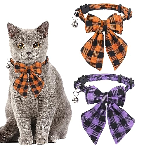 ADOGGYGO Halloween-Katzenhalsband, mit abnehmbarer Fliege, 2 Stück, Orange / Lila, kariert, für Katzen, Kätzchen (Orange & Lila, 2) von ADOGGYGO