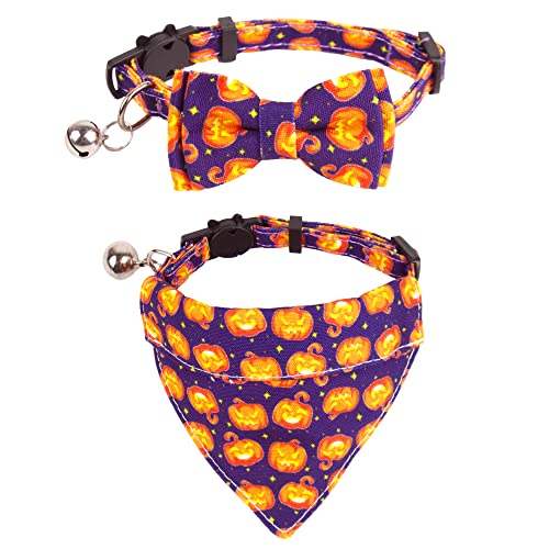 ADOGGYGO Halloween-Katzenhalsband mit abnehmbarer Fliege, Bandana, 2 Stück, Halloween-Katzen-Halstuch, Kürbis, Katze, Kätzchen, Halloween, Fliege, Bandana, Halsband für Katze, Kätzchen (Halloween) von ADOGGYGO