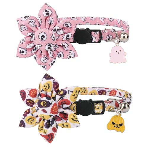 ADOGGYGO Halloween-Katzenhalsband mit Blumen, 2 Stück, Halloween-Katzen-Blumenhalsband, rosa Geist, Kürbis, Katze, Halloween-Halsbänder für Katze, Kätzchen (Halloween) von ADOGGYGO