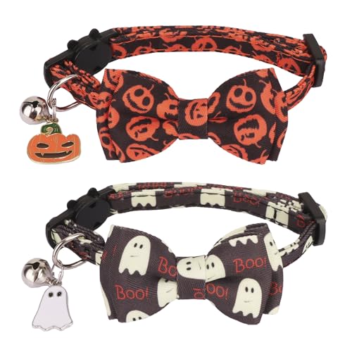 ADOGGYGO Halloween-Katzenhalsband mit Fliege und Glocke, 2 Stück, Halloween-Kätzchen-Halsband mit abnehmbarer Schleife, Kürbis-Geist, Urlaubs-Halsbänder für Katze und Kätzchen von ADOGGYGO