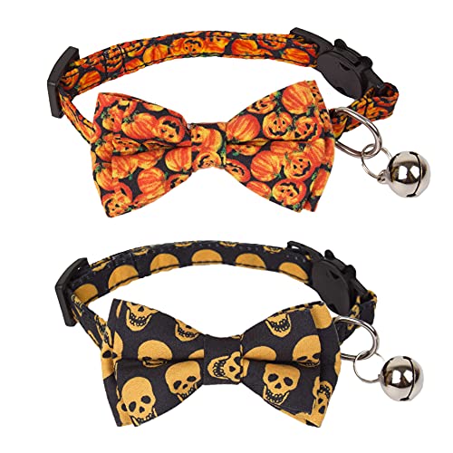 ADOGGYGO Halloween-Katzenhalsband mit Fliege und Glocke, 2 Stück, Kätzchen-Halsband, Totenkopf, Kürbis, Katzenhalsband mit abnehmbarer Fliege, Katzenschleife, Halsband für Katze, Kätzchen (Halloween) von ADOGGYGO