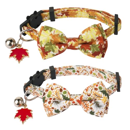 ADOGGYGO Herbst-Katzenhalsband, Breakaway mit Fliege, Glöckchen, 2 Stück, Erntedank-Kätzchen-Halsband mit abnehmbarer Fliege, niedliche Herbstblätter, Katzenfliege, Halsband für Katze, Kätzchen von ADOGGYGO