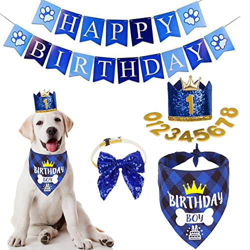 ADOGGYGO Hund Geburtstag Hut Bandana - Hund Geburtstag Party Supplies Geburtstag Hund Hut mit Zahlen Hund Schal Schleife und Happy Birthday Banner Set von ADOGGYGO