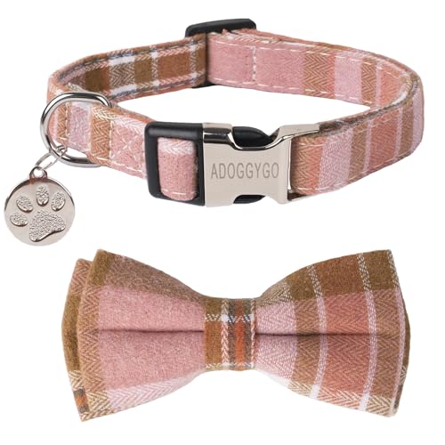 ADOGGYGO Hundehalsband mit Fliege, rosa kariert, mit abnehmbarer Fliege, verstellbar, weich, rosa kariert, für kleine, mittelgroße und große weibliche Mädchen (Größe S, Rosa) von ADOGGYGO