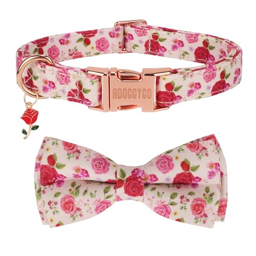 ADOGGYGO Hundehalsband mit Schleife, rot-rosa Blume, Hundehalsband mit Metallschnalle, verstellbare Haustier-Blumenhalsbänder für mittelgroße Hunde (Größe M) von ADOGGYGO