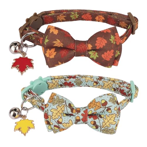 ADOGGYGO Katzenhalsband mit Fliege und Glöckchen, 2 Stück, Halloween, Thanksgiving, Kätzchenhalsband mit abnehmbarer Fliege, braun-grün, Haustier-Halsbänder für Katzen, Kätzchen (Herbst) von ADOGGYGO