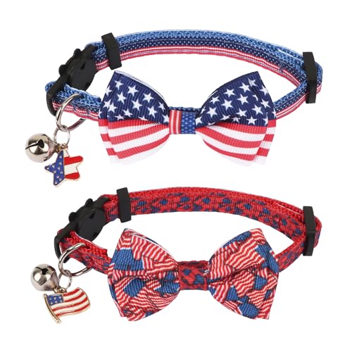 ADOGGYGO Katzenhalsband mit amerikanischer Flagge, mit Schleife, Glocke, Breakaway-Katzenhalsband, Rot-Blau, Sternenflaggen-Muster, Haustier-Halsbänder für Mädchen, Jungen, Katzen, Kätzchen von ADOGGYGO