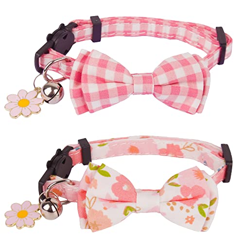 ADOGGYGO Katzenhalsband, Breakaway mit niedlicher Fliege, Glöckchen, 2 Stück, Kätzchenhalsband mit abnehmbarer Fliege, rosa Blumenmuster, Katzen-Fliege, Halsband für Katze, Kätzchen (Rosa) von ADOGGYGO