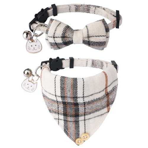 ADOGGYGO Katzenhalsband mit niedlicher Fliege – 2er-Pack Kätzchenhalsband mit abnehmbarer Fliege, verschiedene Muster, Katzen-Fliege, Halsband für Katzen, Kätzchen, Beige von ADOGGYGO