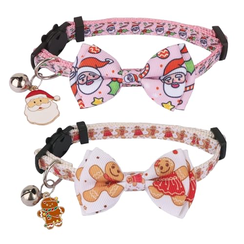 ADOGGYGO Pinkes Weihnachts-Katzenhalsband mit Fliege und Glocke, 2 Stück, Weihnachts-Kätzchen-Halsband mit abnehmbarer Schleife, rosa Haustier-Weihnachtshalsbänder für Katze Kätzchen (Weihnachten) von ADOGGYGO