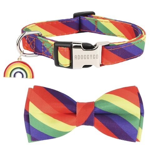 ADOGGYGO Regenbogen-Hundehalsband mit Fliege, verstellbar, gestreift, LGBT Pride, Regenbogen-Halsbänder für kleine, mittelgroße und große Hunde, Haustiere (klein, Regenbogen) von ADOGGYGO
