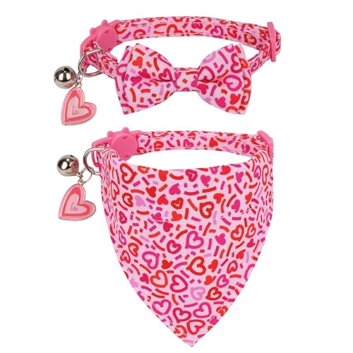 ADOGGYGO Rosa Valentine Katzenhalsband mit Fliege, Halstuch, Valentins-Kätzchen-Fliege, Haustier-Herz-Halsbänder für Katze und Kätzchen von ADOGGYGO