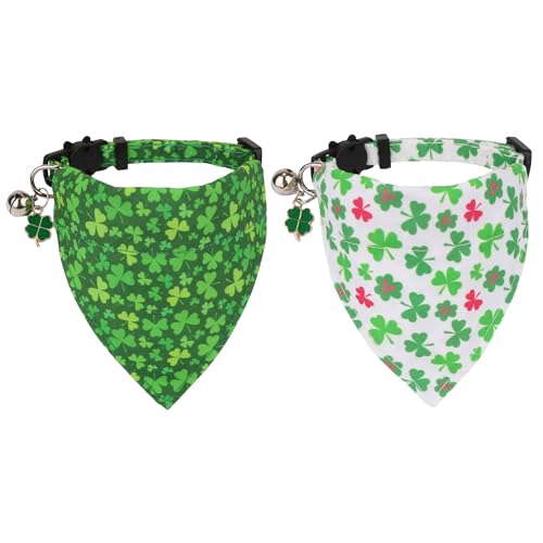 ADOGGYGO St. Patrick's Day Katzenhalsbänder mit Bandana-Glocke, 2 Stück, verstellbares Katzen-Bandana-Halsband mit abnehmbarem Schal, grünes Kleeblatt, Haustier-Halsband für Kätzchen, Katzen (St. von ADOGGYGO