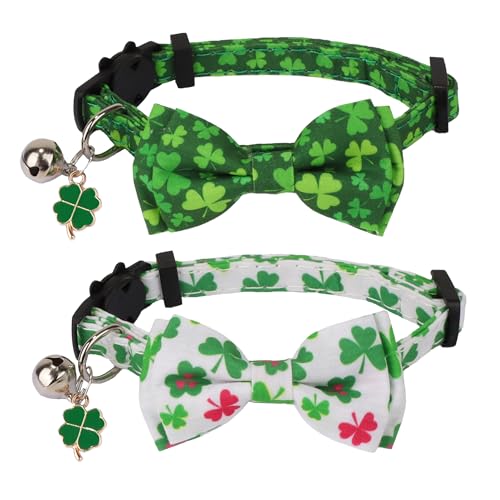 ADOGGYGO St. Patrick's Day Katzenhalsband mit Schleife, Glocke, grünes Kleeblatt-Muster, Kätzchenhalsband mit abnehmbarer Fliege, St. Patricks-Halsbänder für Katzen und Kätzchen (St. Patrick's Day) von ADOGGYGO