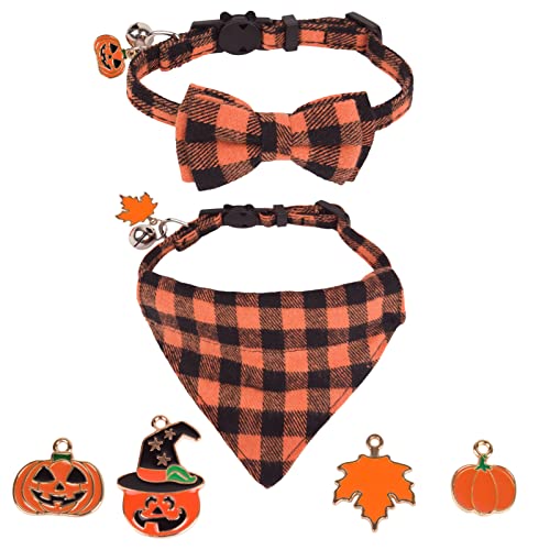 ADOGGYGO Urlaub Katzenhalsbänder Breakaway mit DIY Kürbis Ahorn Charms, 2 Stück Halloween Thanksgiving Katzenhalsband mit abnehmbarem Bowtie Bandana, Plaid Katzen Bandana Halsband für Kätzchen Katzen von ADOGGYGO