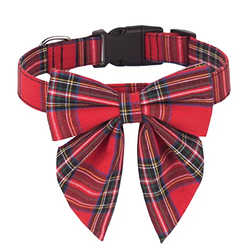 ADOGGYGO Weihnachten Hundehalsband mit Schleife, Verstellbare Baumwolle Rot Plaid Bowtie Hund Weihnachten Halsbänder für Kleine Mittlere Große Hunde Haustiere (Medium, Rot-2) von ADOGGYGO