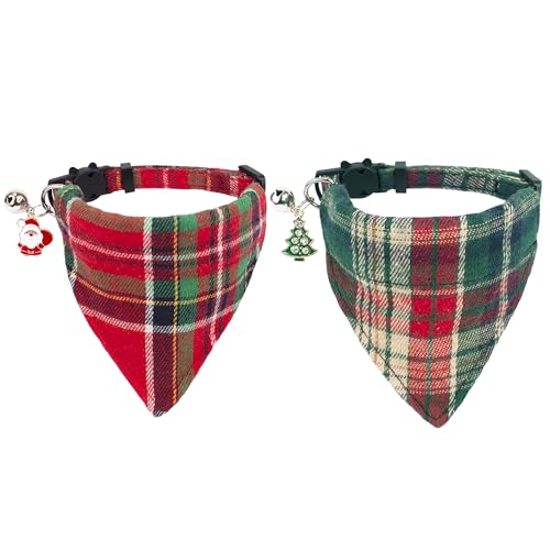 ADOGGYGO Weihnachten Katze Bandana Halsbänder Breakaway mit abnehmbarem Bandana, 2 Pack Rot Grün Plaid Katze Weihnachten Halsband mit Glocke für Katzen Kätzchen (Rot Grüner Schal) von ADOGGYGO