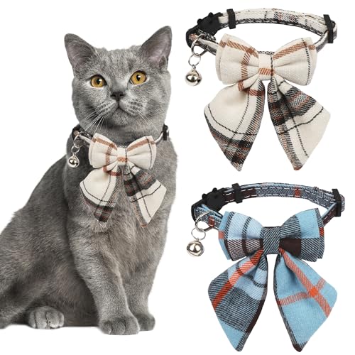 ADOGGYGO Weihnachtliches Katzenhalsband mit abnehmbarer Fliege, 2 Stück, rot und grün, kariert, Weihnachtsschleife mit Glöckchen, für Katzen, Kätzchen, Beige und Blau, 2 Stück von ADOGGYGO