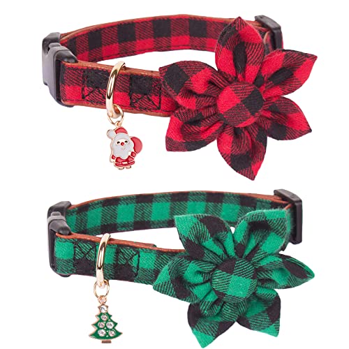 ADOGGYGO Weihnachtshalsband mit Blume, Klassisches Büffelkariertes Hundehalsband mit abnehmbarem Blumenmuster, verstellbare rote grüne Weihnachtshalsbänder für große Hunde(groß, kariert, floral) von ADOGGYGO