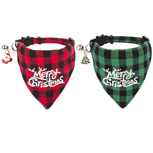 ADOGGYGO Weihnachtliches Katzenhalsband mit Glöckchen, 2 Stück, verstellbares Katzen-Bandana-Halsband mit Frohe Weihnachten-Muster, rot/grün, kariert, Haustier-Weihnachts-Halsbänder für Katzen, von ADOGGYGO