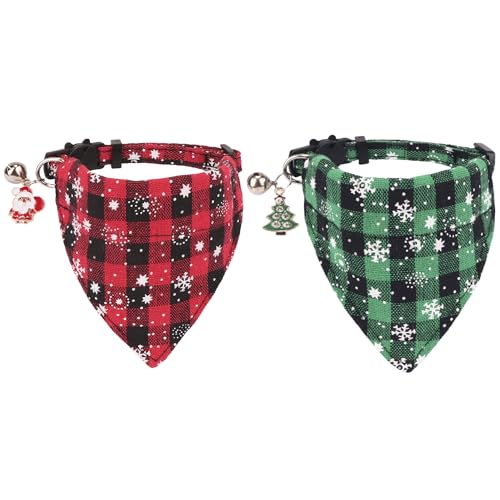 ADOGGYGO Weihnachtskatzenhalsbänder mit Glocke, 2 Stück, verstellbares Katzenhalsband mit abnehmbarem Bandana, rot grün kariert Schneeflocke Katze Bandana Halsband für Kätzchen Katzen (Plaid & von ADOGGYGO