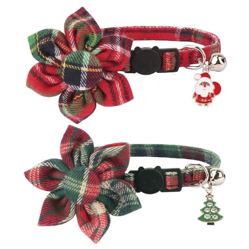 ADOGGYGO Weihnachtskatzenhalsband mit Blumen, 2 Stück, Weihnachts-Kätzchen-Blumenhalsband, rot und grün, kariert, Weihnachts-Halsbänder für Katzen, Kätzchen (Weihnachten) von ADOGGYGO