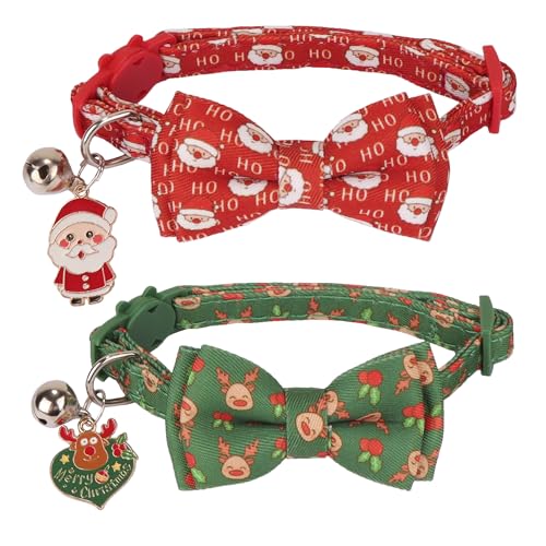 ADOGGYGO Weihnachtskatzenhalsband mit Schleife, 2 Stück, Weihnachts-Katzenhalsband mit abnehmbarer Fliege, rot/grün, Weihnachts-Halsbänder für Katzen, Kätzchen (Weihnachten) von ADOGGYGO