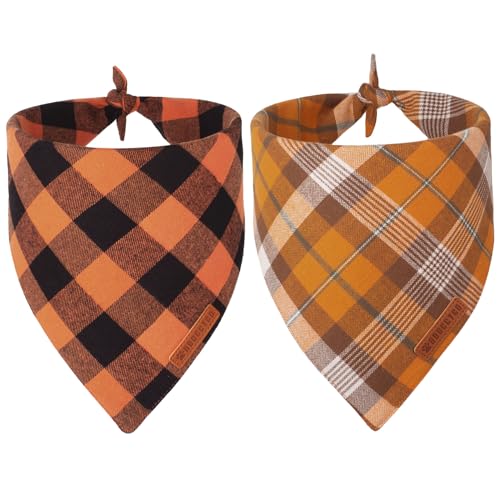 Adoggygo Herbst Hund Bandanas 2 Pack, Halloween Thanksgiving Hund Bandana, Orange Plaid Hundeschal, Premium Baumwollstoff, Urlaub Bandana für mittelgroße und große Hunde (groß, Herbst) von ADOGGYGO