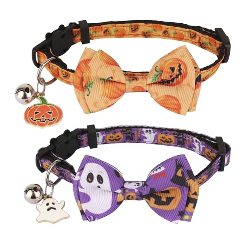 Halloween-Katzenhalsbänder mit Schleifenglocke, Breakaway-Katzenhalsband mit Fliege, Kürbis, Geist, Katzenhalsband für Mädchen, Jungen, Katzen, Kätzchen (gelb und lila) von ADOGGYGO