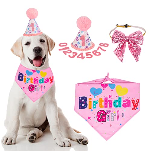 Hund Geburtstag Party Supplies, Junge Mädchen Hund Geburtstag Hut mit Zahlen Hund Welpe Geburtstag Bandana Hut Schleife Set (Pink) von ADOGGYGO