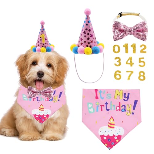 Keyoung ADOGGYGO Hund Geburtstag Bandana Schal und Hund Mädchen Junge Geburtstag Party Hut mit niedlicher Hund Fliege für kleine Hunde Haustier (klein, rosa) von ADOGGYGO