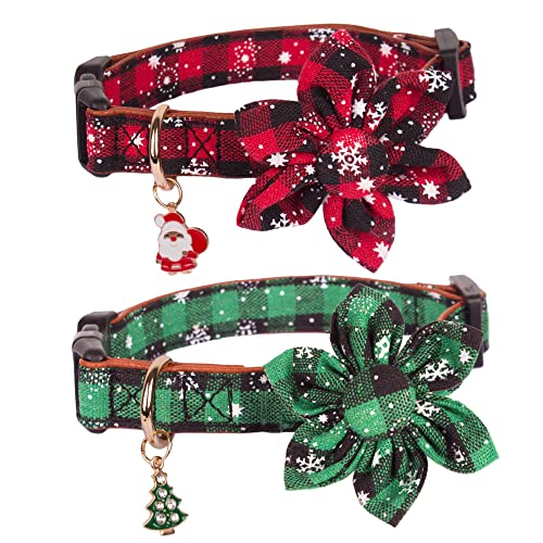 Klassisches Büffelkariertes Schneeflocken-Hundehalsband mit abnehmbarem Blumenmuster, verstellbar, rot/grün, Weihnachtshalsbänder für extra große Hunde (X-Large) von ADOGGYGO