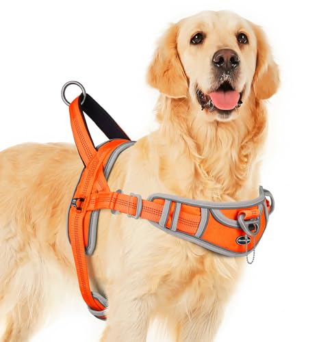 ADVENTUREMORE Hundegeschirr für große Hunde Kein Ziehen, Sport Hund Halfter Geschirr Reflektierend Atmungsaktiv Hundeweste Ausbruchsicher Hundegeschirr mit Easy Control Front Clip Griff für Training Walking XXL Orange von ADVENTUREMORE