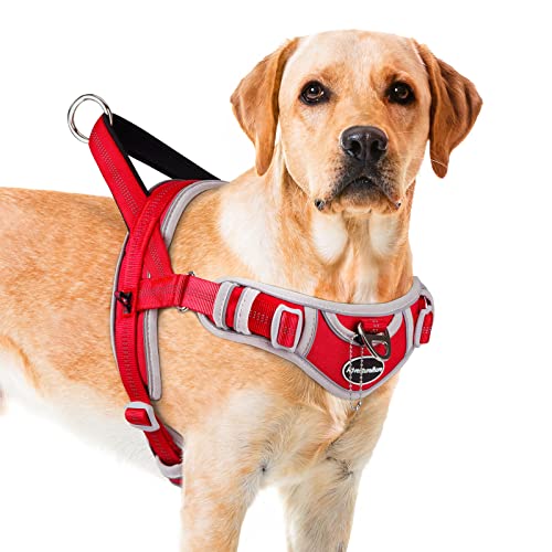 ADVENTUREMORE Hundegeschirr für große Hunde kein Ziehen, Sport Hund Halfter Geschirr Reflektierend Atmungsaktiv Hundeweste Ausbruchsicher Hundegeschirr mit Easy Control Front Clip Griff für Training Gehen L Rot von ADVENTUREMORE