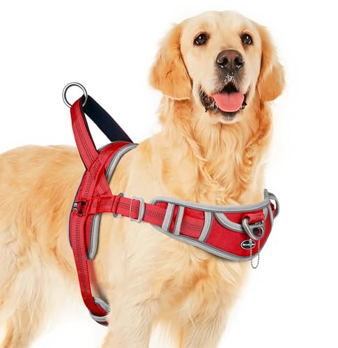 ADVENTUREMORE Hundegeschirr für große Hunde kein Ziehen, Sport Hund Halfter Geschirr Reflektierend Atmungsaktiv Hundeweste Ausbruchsicher Hundegeschirr mit Easy Control Front Clip Griff für Training Walking XL Rot von ADVENTUREMORE