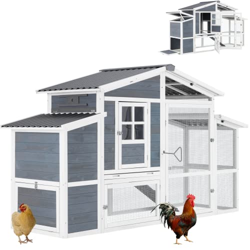 AECOJOY Großer Hühnerstall, 205,7 cm, für den Außenbereich, aus Holz, Hühnerstall, Geflügelkäfig, mehrstufig, mit Nistkästen und Auslauf für den Garten von AECOJOY