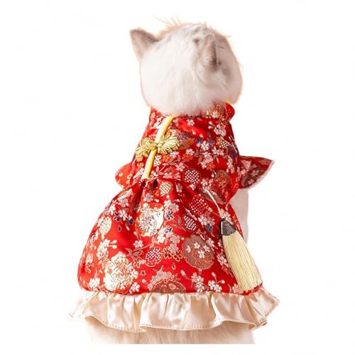 AEETYL Chinesisches Neujahrs-Katzen-Cheongsam, festlicher Tang-Anzugrock mit Quaste für Hunde und Welpen, süße Kleidung für kleine und mittelgroße Haustiere im Herbst und Winter,Red,XS von AEETYL