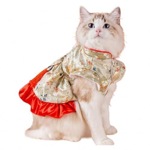 AEETYL Chinesisches Neujahrs-Katzen-Cheongsam, festlicher Tang-Anzugrock mit Quaste für Hunde und Welpen, süße Kleidung für kleine und mittelgroße Haustiere im Herbst und Winter,Yellow,XS von AEETYL